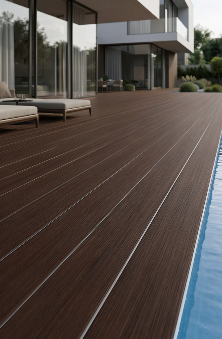 LOTTERS Profilsystem für langlebige Terrassenböden WPC-Deck am Pool mit modernen Möbeln und Pflanzen im Hintergrund.