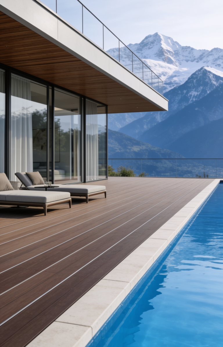 LOTTERS Sicherheitsglas-Boden mit dekorativen Steinen Moderne Terrasse mit Liegen, Pool und Blick auf verschneite Berge und See.
