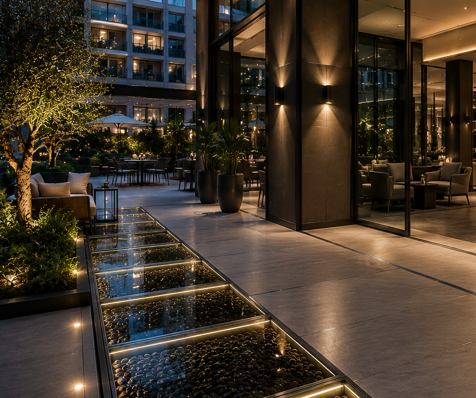 Moderne Restaurantterrasse mit beleuchtetem Weg und grüner Bepflanzung.