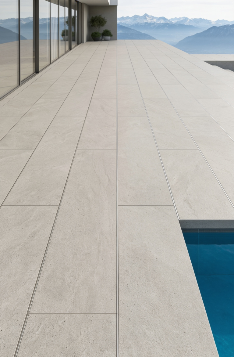 LOTTERS Aluminiumprofile für anspruchsvolle Bauprojekte Helle Außenfläche mit Fliesen, Blick auf einen Pool und die Berge im Hintergrund.