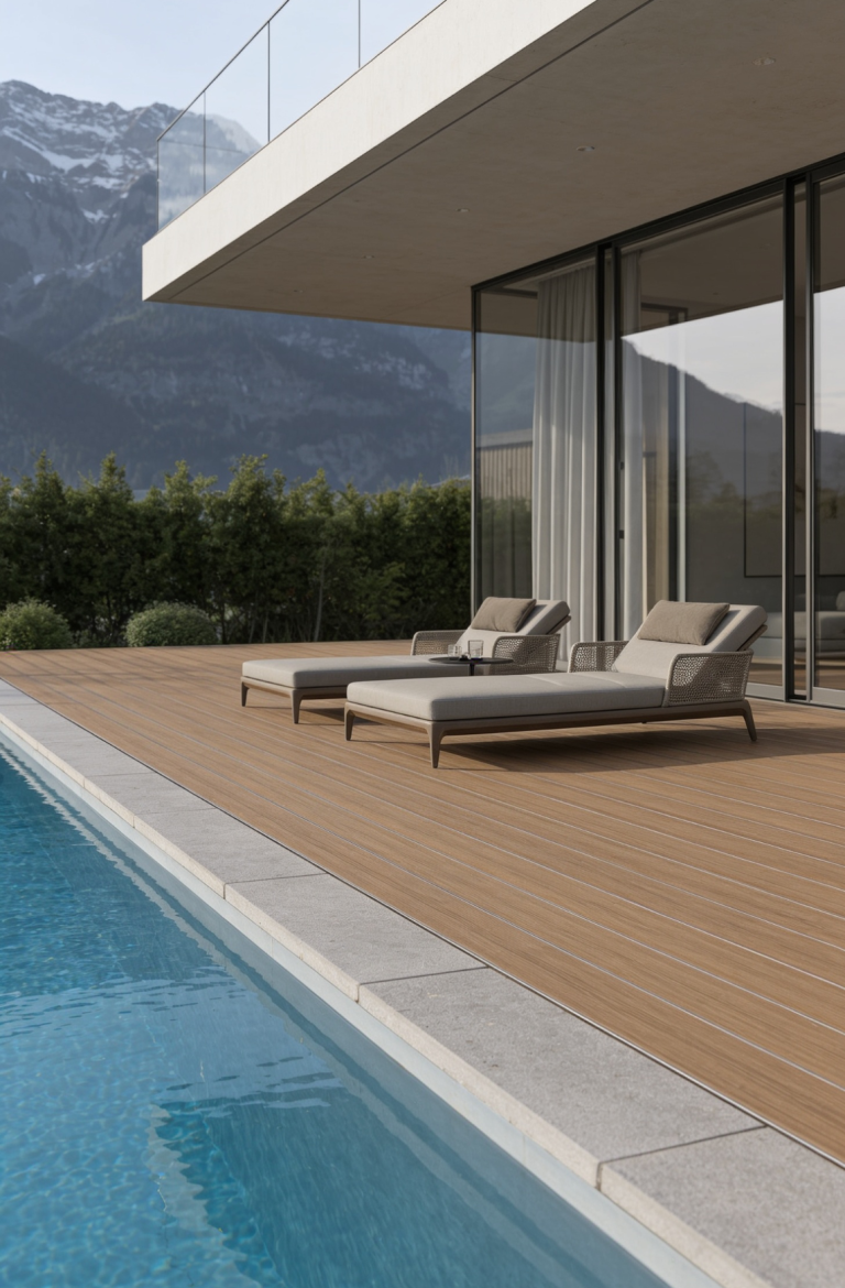 Moderne Lounge mit Liegen neben einem Pool, umgeben von grünen Pflanzen und Bergen.