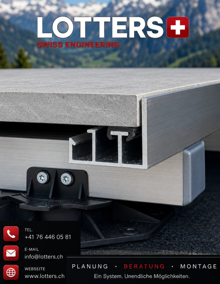 LOTTERS Bodensystem für Balkone und Dachterrassen WPC-Fußboden mit eleganten Linien, umgeben von moderner Architektur und Grünpflanzen.