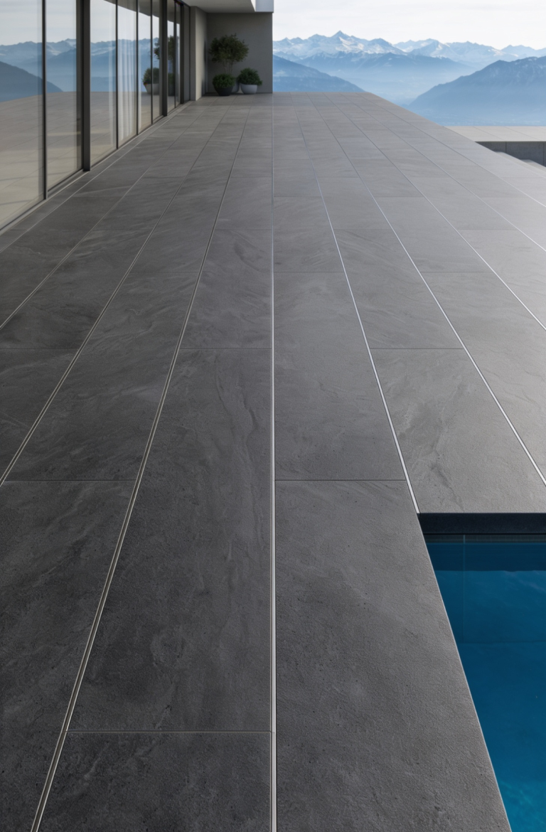 Präzise verlegte Feinsteinzeugplatten auf Aluminiumprofilen Moderne Terrasse mit dunklen Fliesen und angrenzendem Schwimmbecken, Aussicht auf Berge.