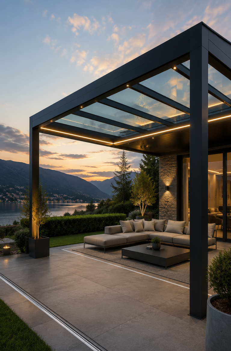 Moderne WPC-Terrasse mit LOTTERS Profilsystem WPC Boden einer Terrasse mit Blick auf Berge im Hintergrund.