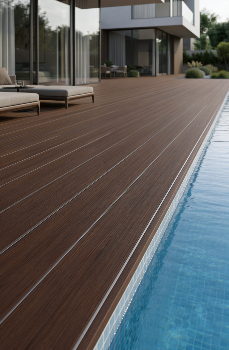 LOTTERS Systemboden für exklusive Terrassengestaltung Holzdeck mit Wasserlinie und modernen Möbeln in einem eleganten Außenbereich.