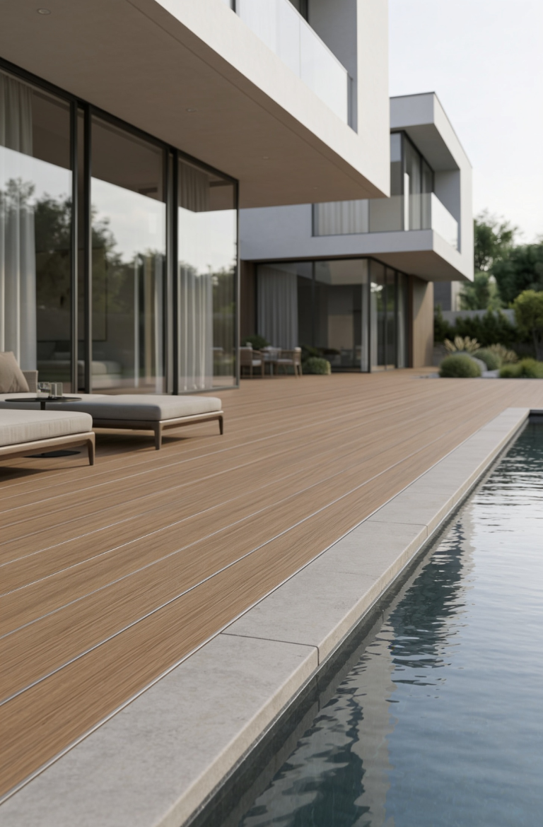 LOTTERS Profiltechnik für saubere und gerade Bodenflächen Moderner Außenbereich mit Holzdecks, Pool und stilvollen Lounge-Möbeln.