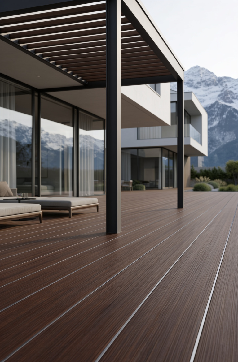 LOTTERS Aluminium-Hauptprofil im Detail Moderne Terrasse mit Holzbelag, Blick auf die Berge und moderne Architektur.