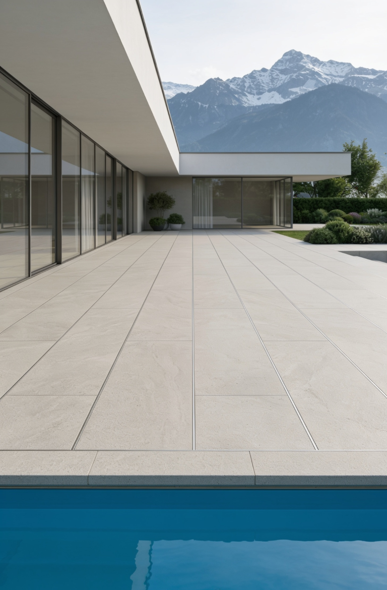 Stabile Aluminium-Unterkonstruktion für Terrassen Moderne Architektur mit Terrasse, Pool und Berglandschaft im Hintergrund.