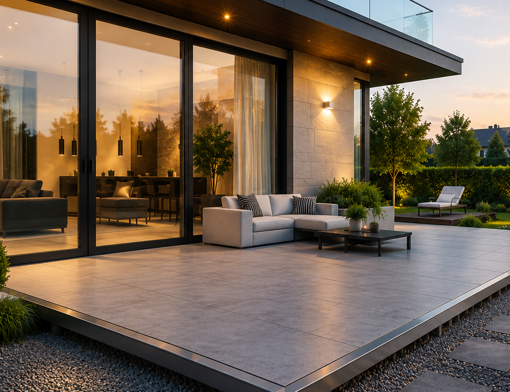 Moderne Terrasse mit gemütlicher Lounge, umgeben von Pflanzen und Abendlicht.