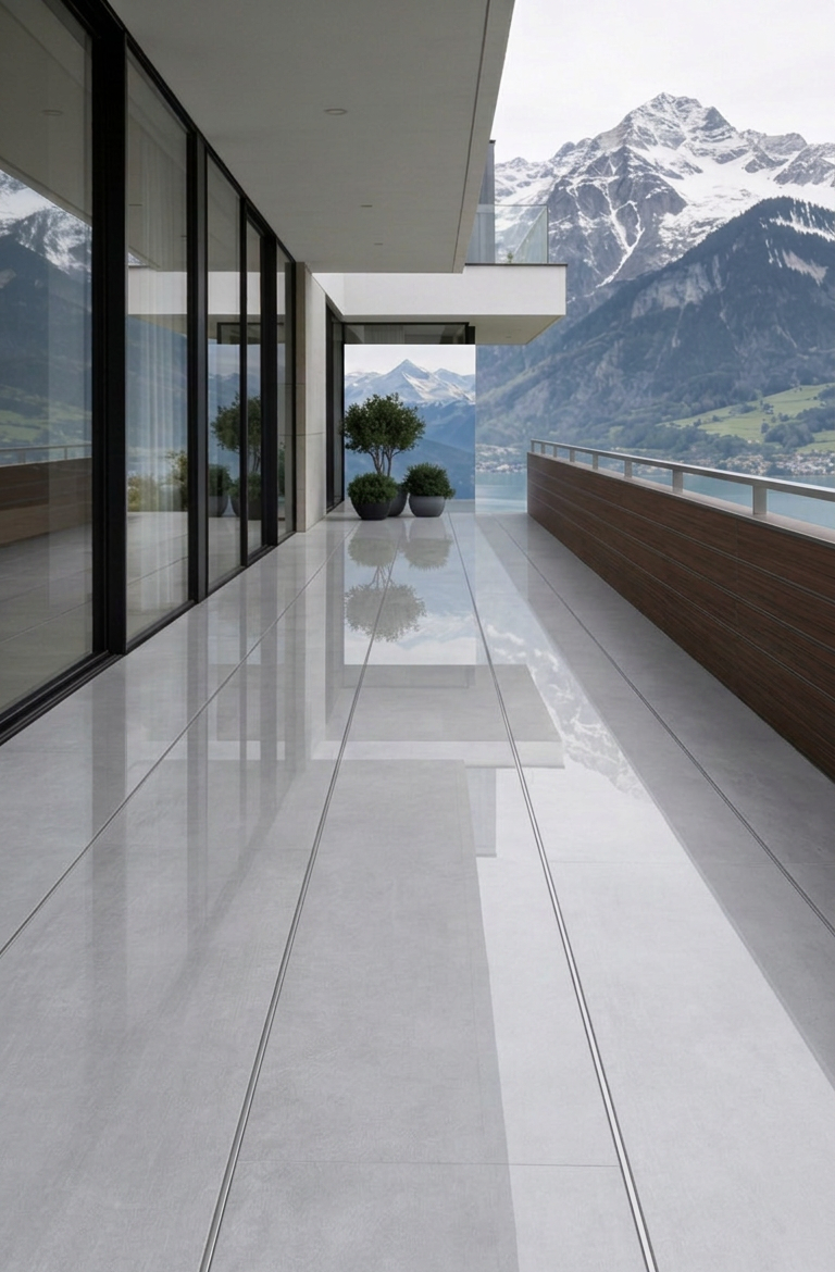 Elegante Steinterrasse mit gleichmäßigem Fugenbild Moderner Balkon mit Blick auf Berge und See, gepflanzt mit grünen Büschen.