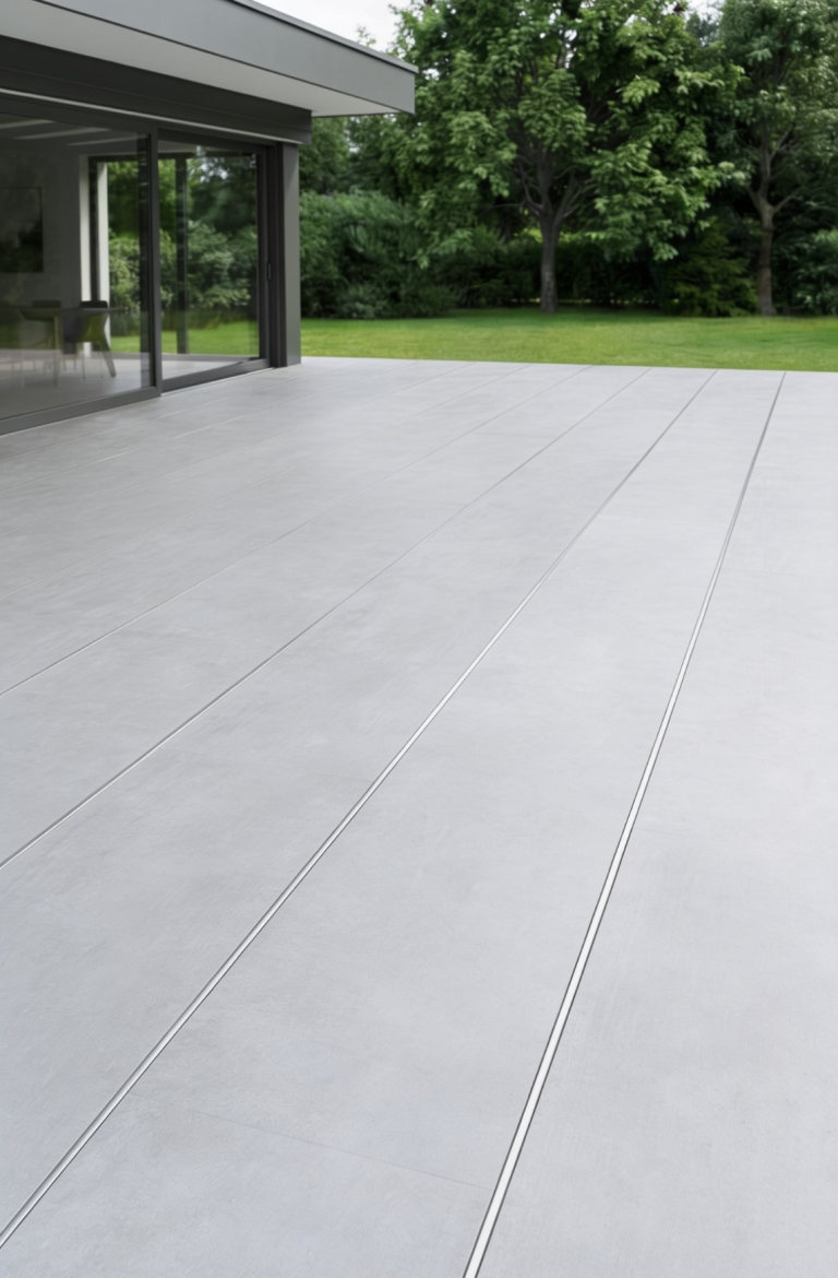 Belastbare Terrassenkonstruktion für private und gewerbliche Flächen Glatte Betonfläche mit Blick auf einen grünen Garten und Bäume im Hintergrund.