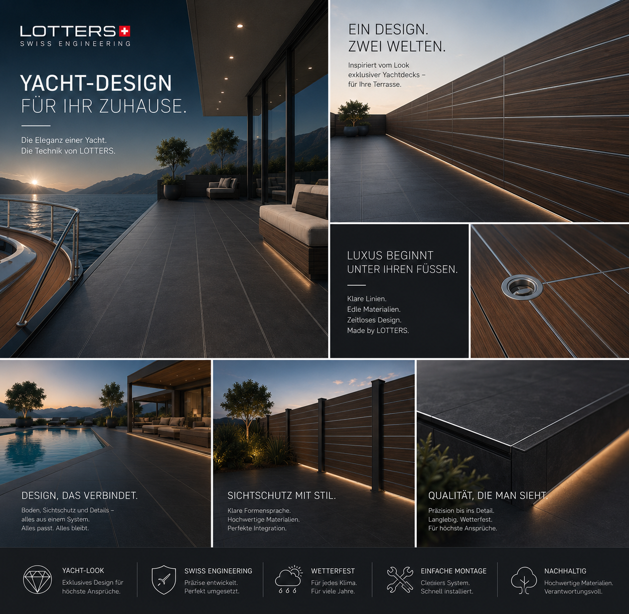 Modernes Yacht-Design mit eleganten Materialien und stimmungsvollem Licht für Außenbereiche.