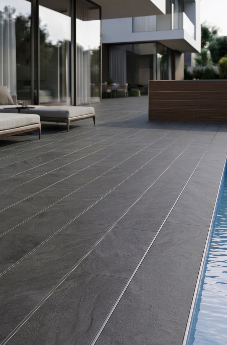 Schraubenlose WPC-Verlegung mit LOTTERS Stecksystem Terrasse mit grauen Fliesen, Liegen und einem Pool im Hintergrund.