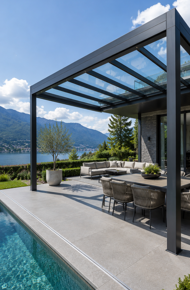 LOTTERS Aluminium-Bodensystem für moderne Terrassen Moderner Balkon mit Holzgeländer und Blick auf bergige Landschaft im Hintergrund.