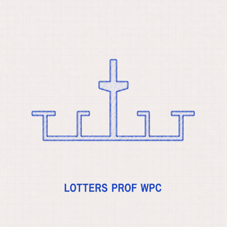Kontrollierte Wasserführung durch Aluminiumprofile Blauer Grafikaufdruck mit dem Text "LOTTERS PROF WPC" und einem symbolischen Kreuz.