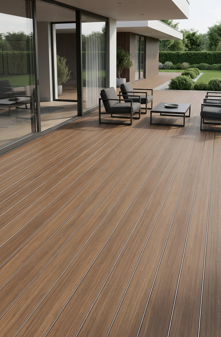Bodenbelag aus WPC mit modernen Gartenmöbeln und Terrasse im Hintergrund.