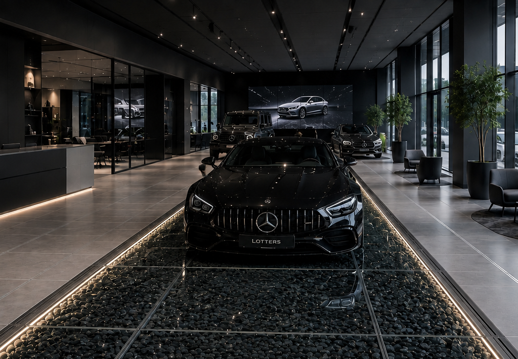 Schwarzes Mercedes-Auto in einem modernen, stilvollen Showroom mit Pflanzen.
