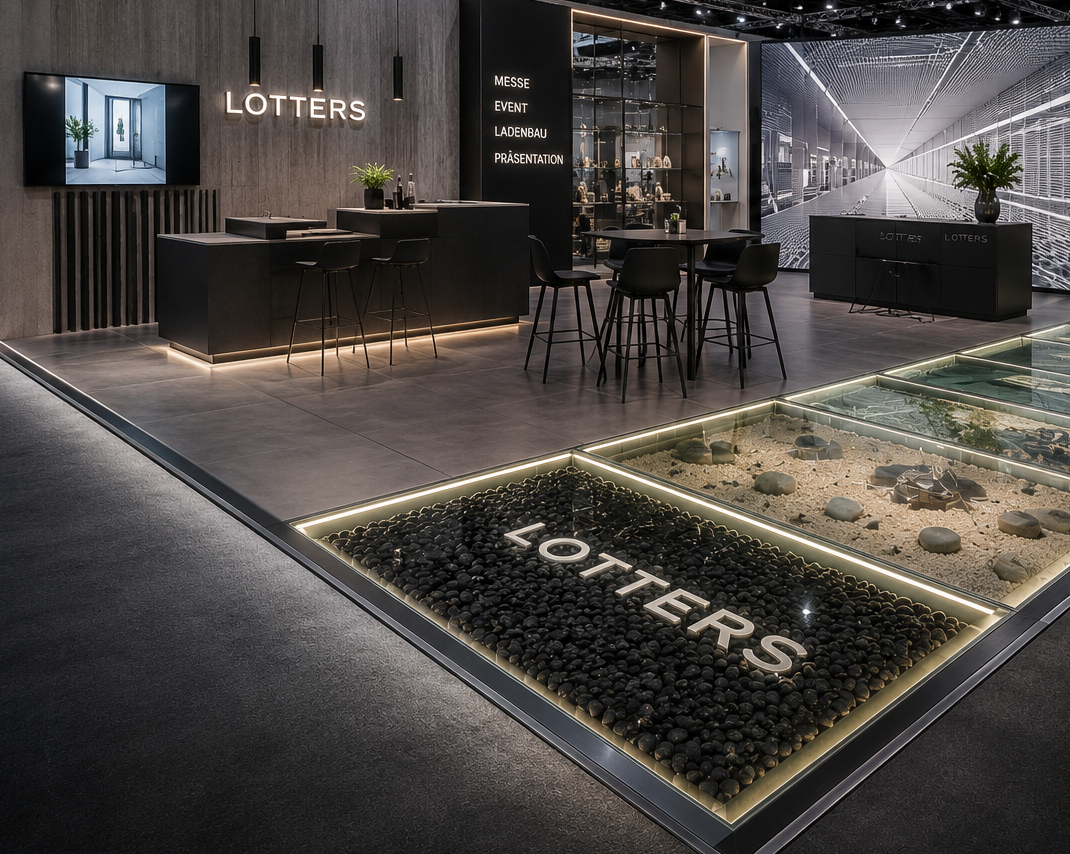 Moderne Messestand mit dem Schriftzug "LOTTERS" und eleganter Inneneinrichtung.