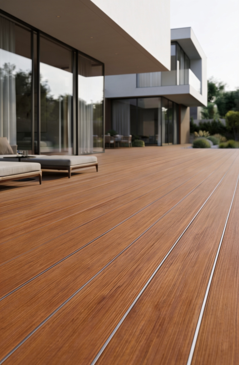 Hochwertige Aluminiumprofile für den professionellen Terrassenbau WPC Terrasse mit moderner Architektur und eleganten Sonnenliegen.