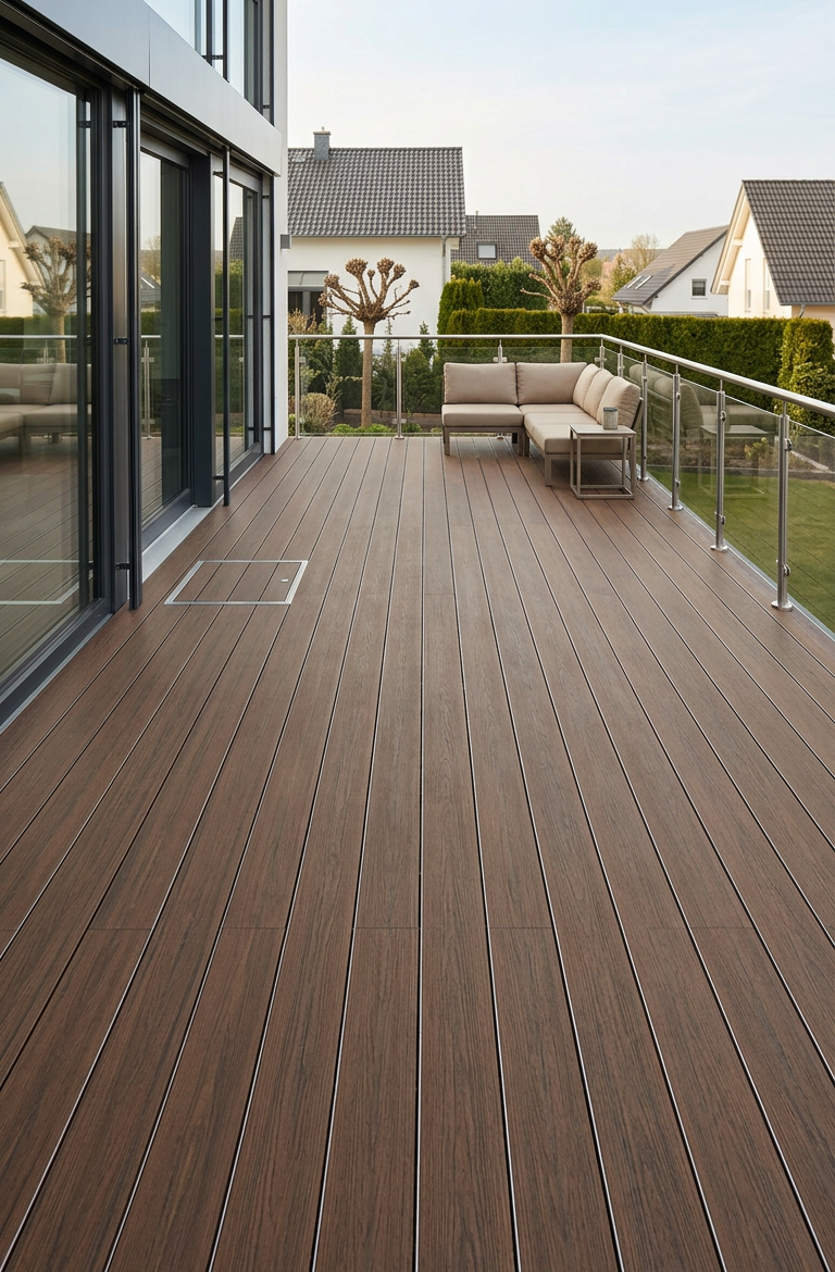 Sichere und stabile Unterkonstruktion für Feinsteinzeug Holzterrasse mit Sitzbereich, umgeben von modernen Wohnhäusern und Grünflächen.