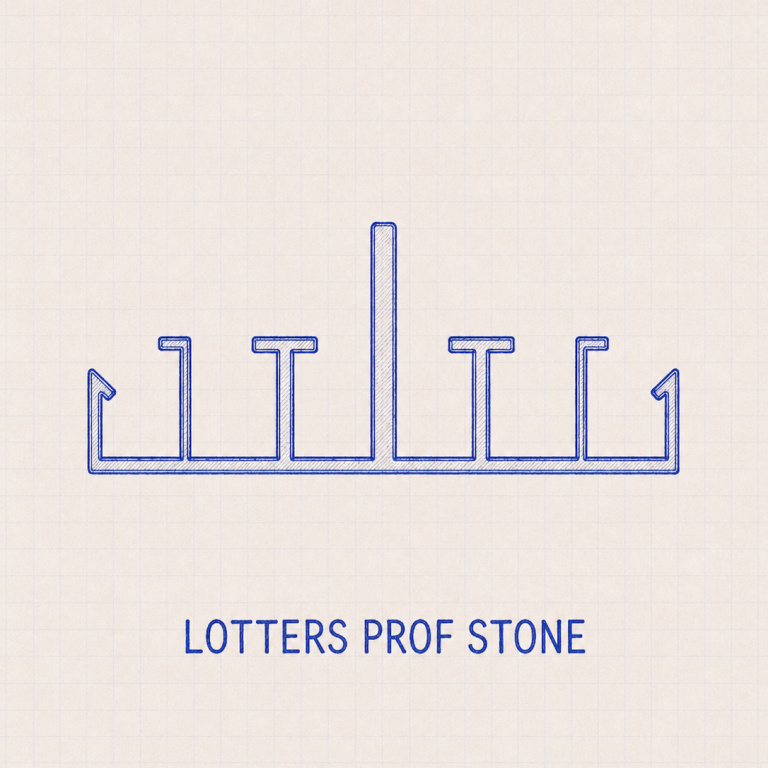 Sauberes Fugenbild bei Feinsteinzeugplatten Blaues Design mit dem Text "LOTTERS PROF STONE" und mehreren Linienformen.